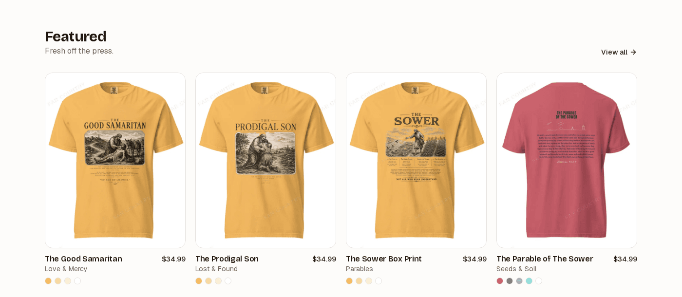 Featured product grid with parable-themed t-shirt designs