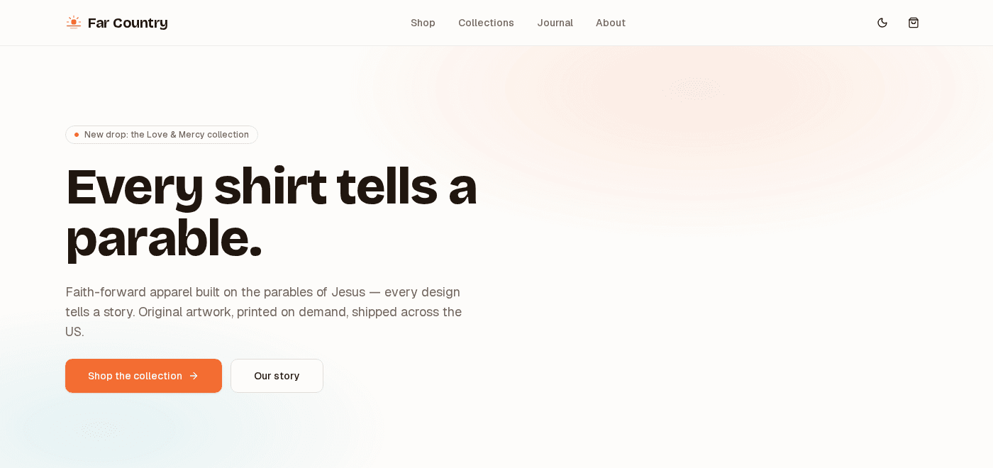 Far Country Wear homepage hero — "Every shirt tells a parable."