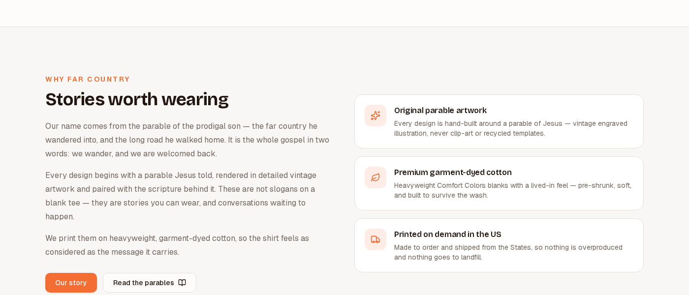 "Why Far Country" brand story section with value-proposition cards
