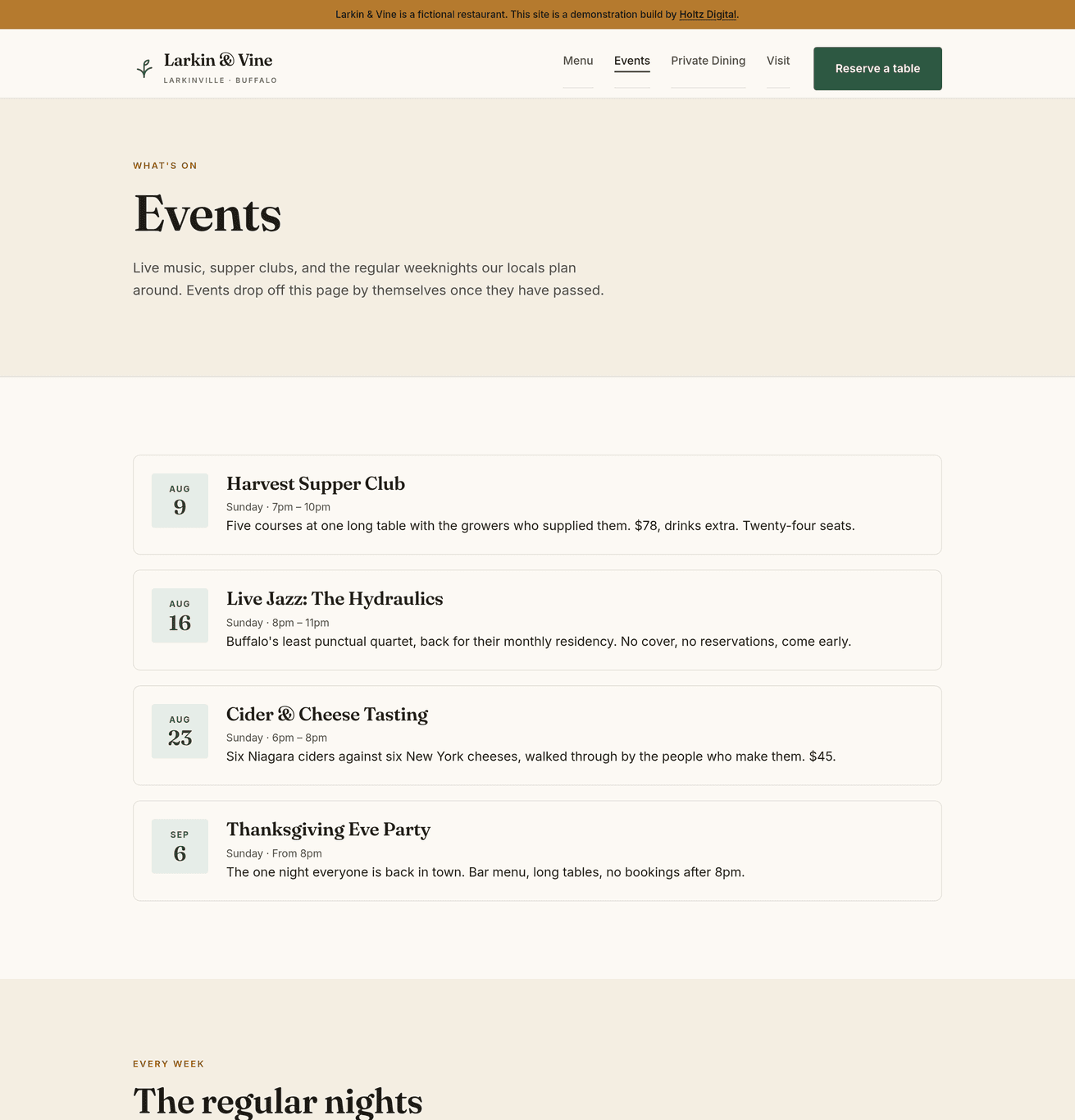 Events page listing upcoming supper clubs and live music