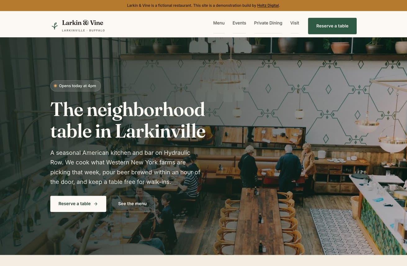 Larkin & Vine homepage hero with a live open/closed status badge