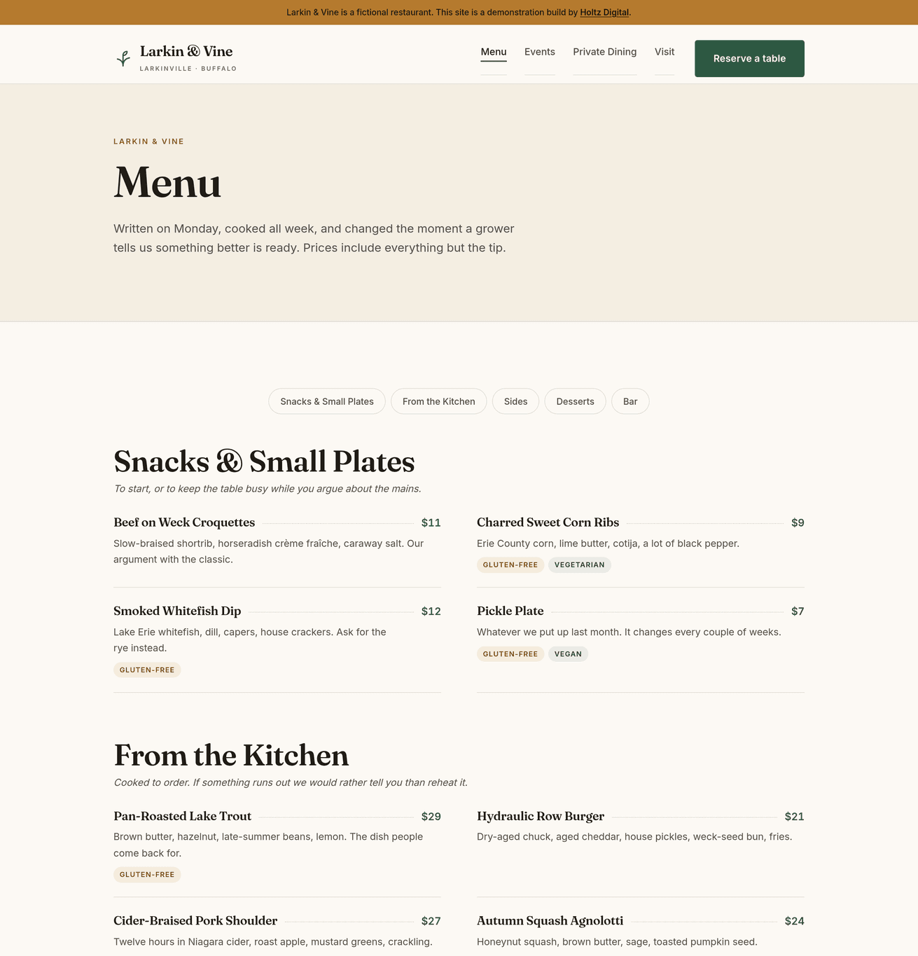 The full menu page, built from structured dish records with prices and dietary tags