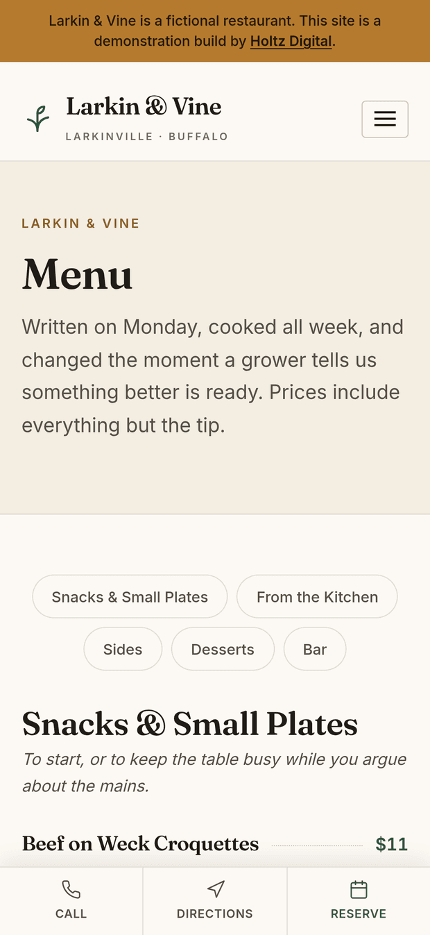 The menu on a phone — readable without pinching, with a sticky call and reserve bar