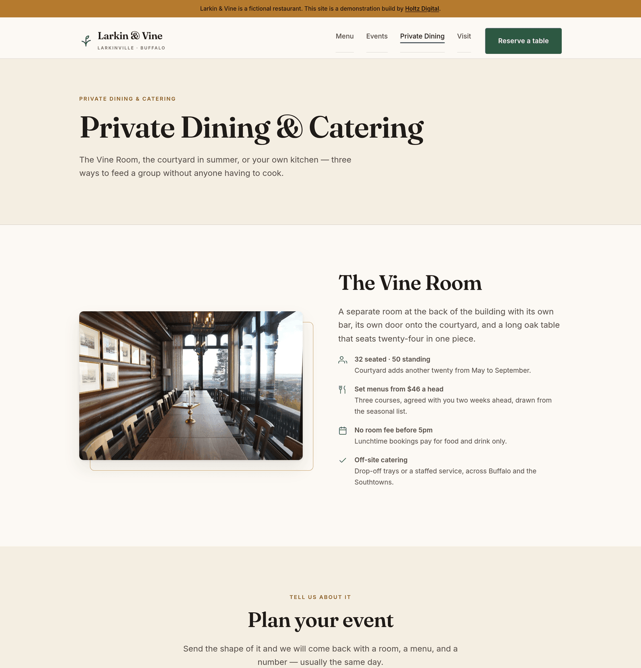 Private dining and catering page with the event inquiry form