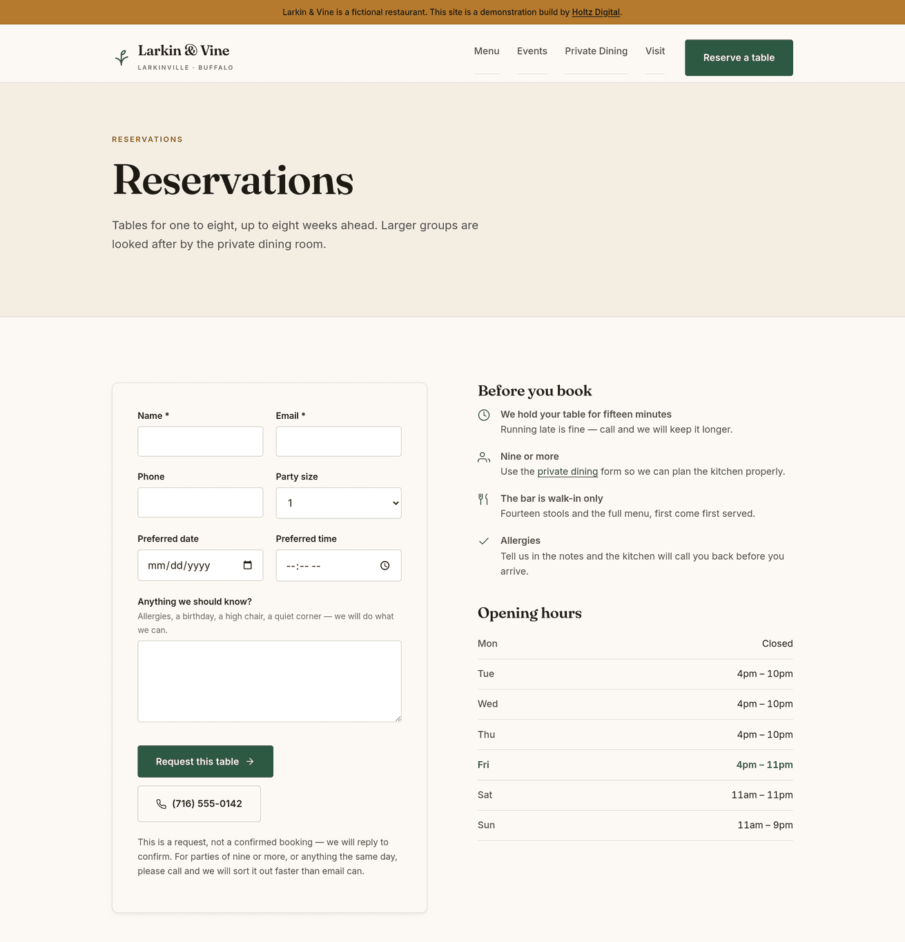 Reservation request form with party size, date and allergy notes