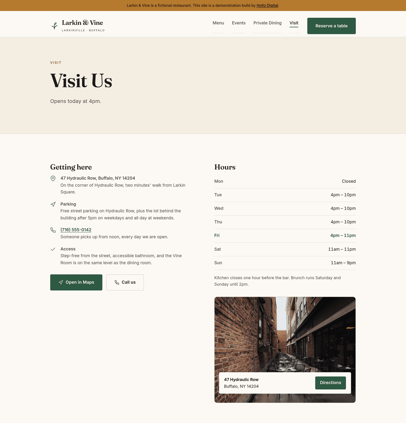 Visit page with hours, parking, accessibility details and directions