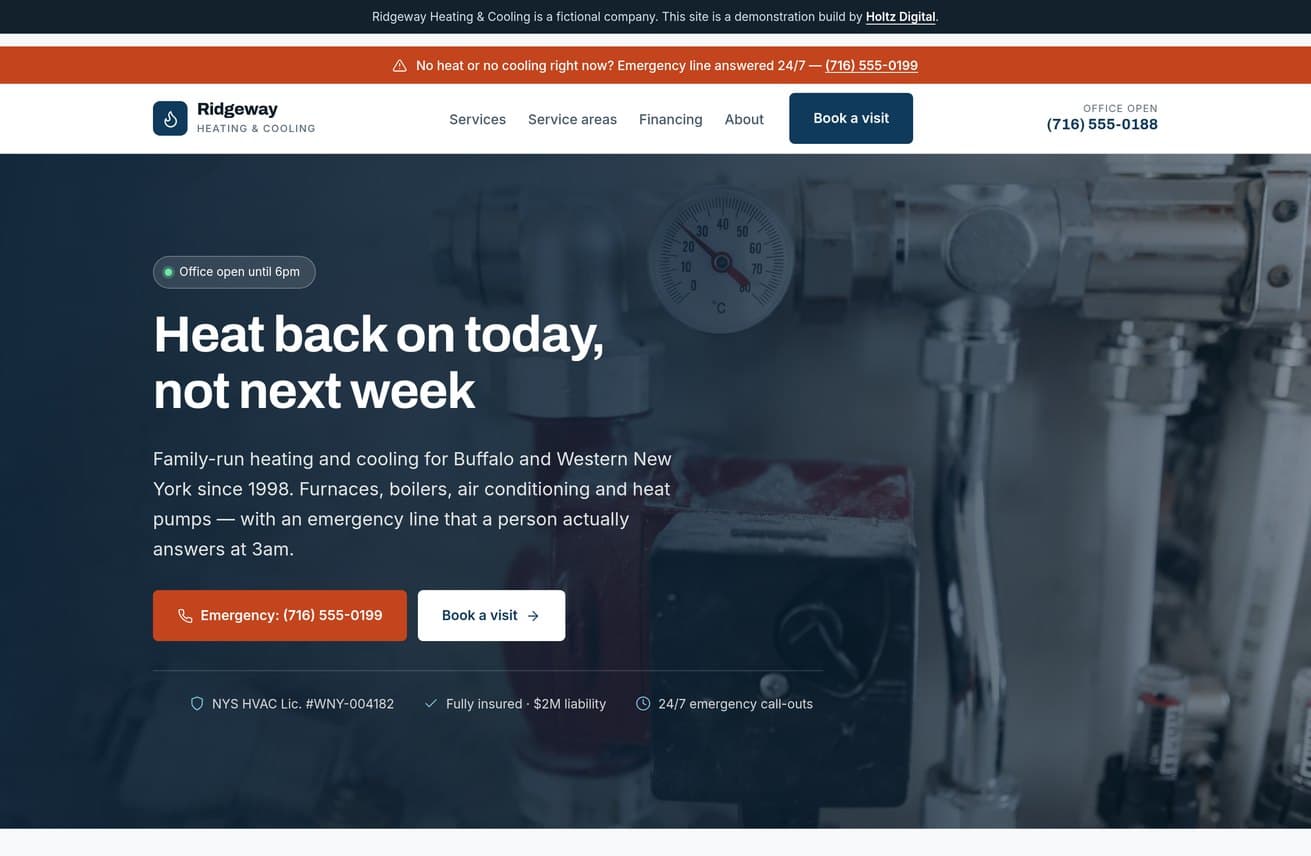 Ridgeway homepage with a 24/7 emergency bar and licence trust signals