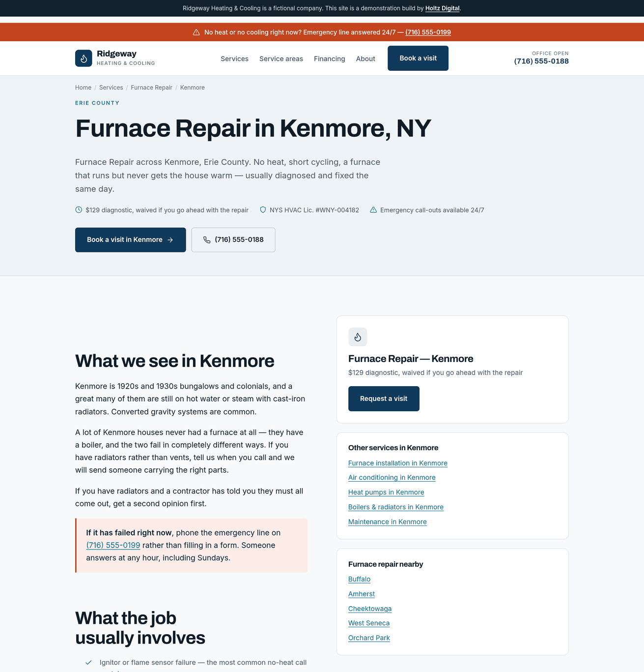 A generated service-area page — furnace repair in Kenmore, written around that town's housing stock