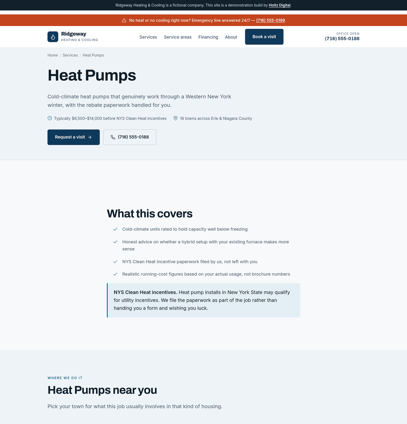 A service hub page linking out to that service in every town covered