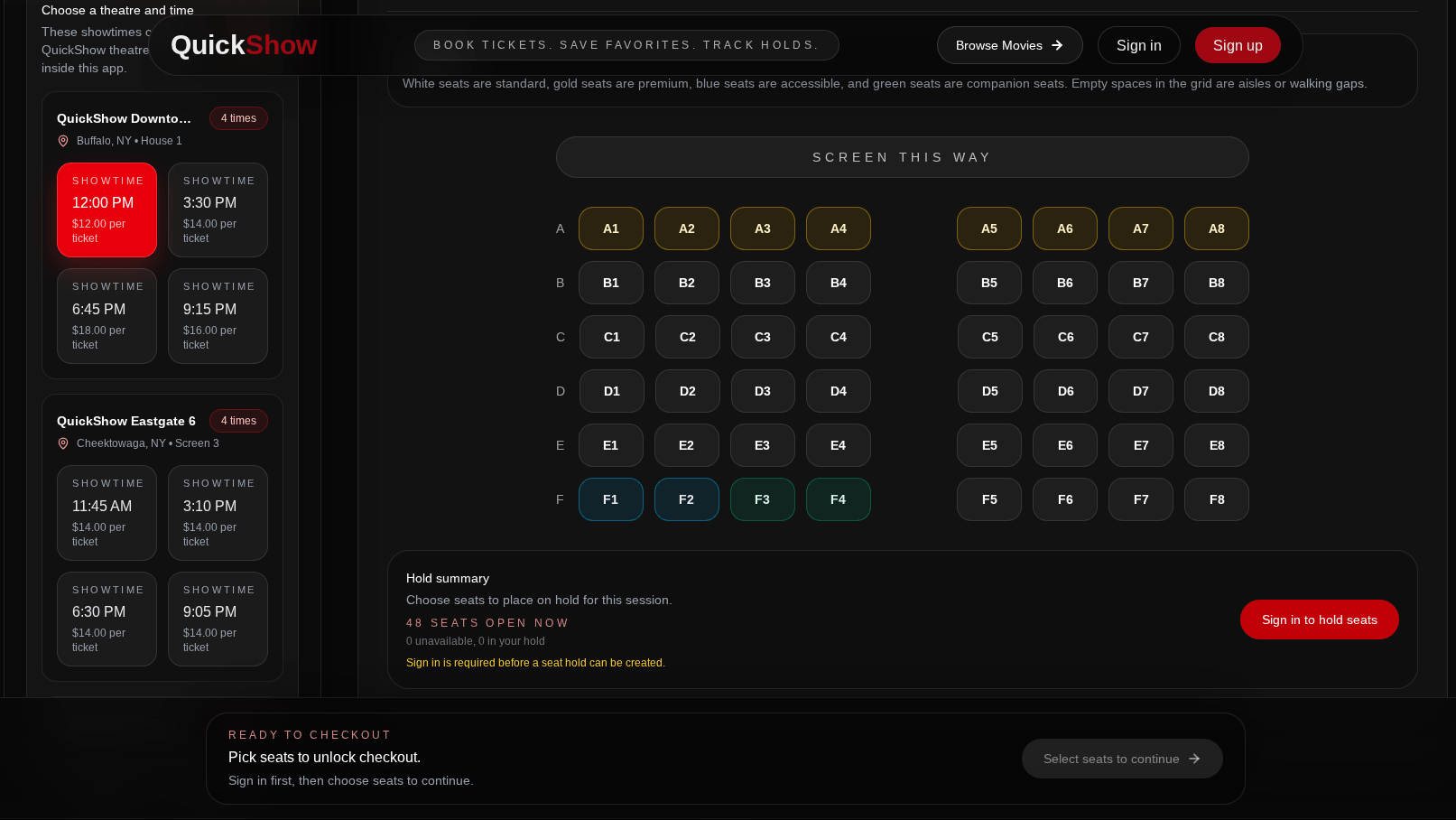 QuickShow showtime selection and interactive seating chart