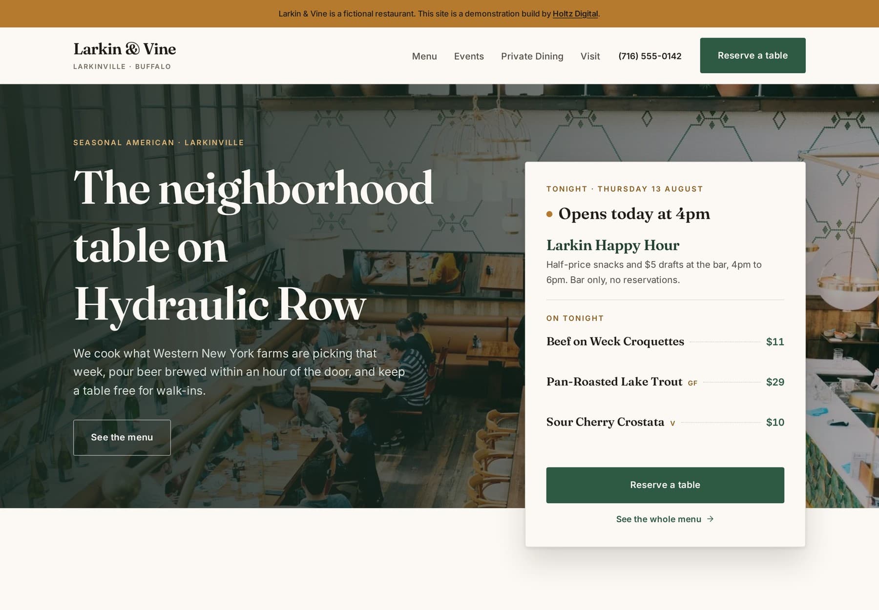 The built Larkin & Vine site at desktop width, matching the Figma design with live opening hours and tonight's menu