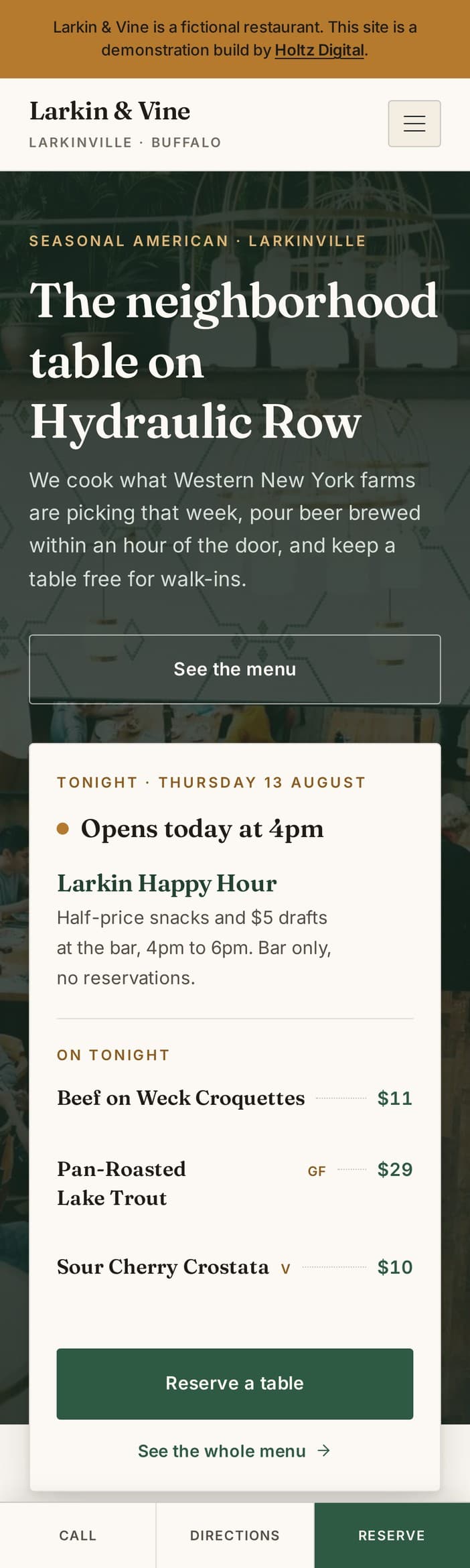 The built Larkin & Vine site at phone width, matching the Figma design