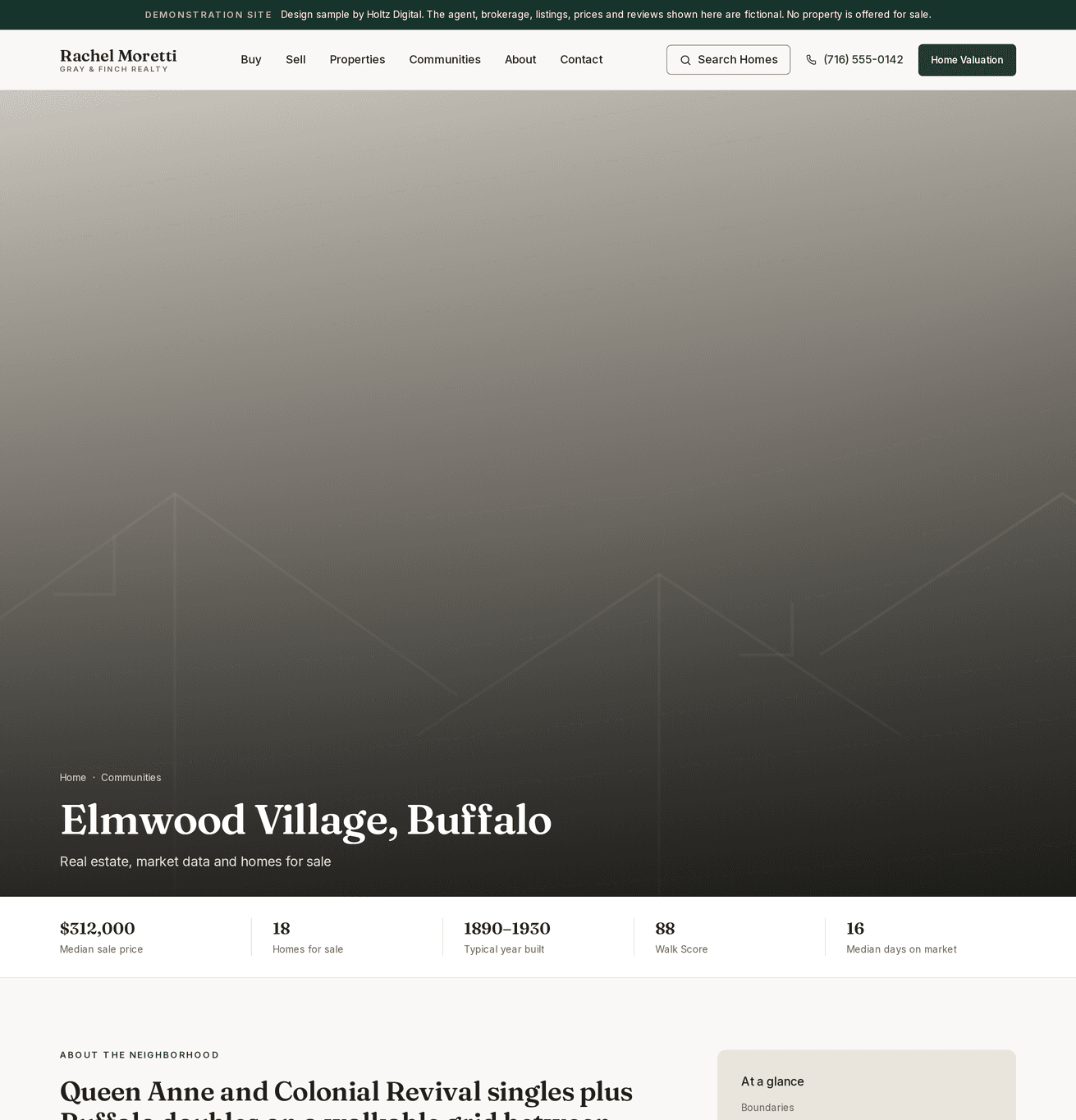 An Elmwood Village community page with local market data — the local SEO structure
