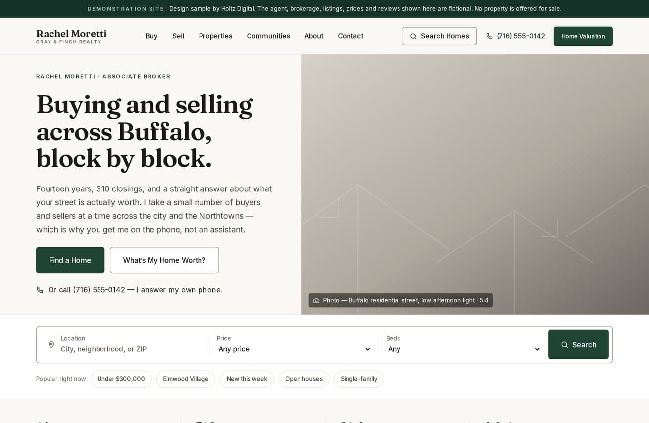Moretti Realty homepage hero with the agent introduction and a property search bar