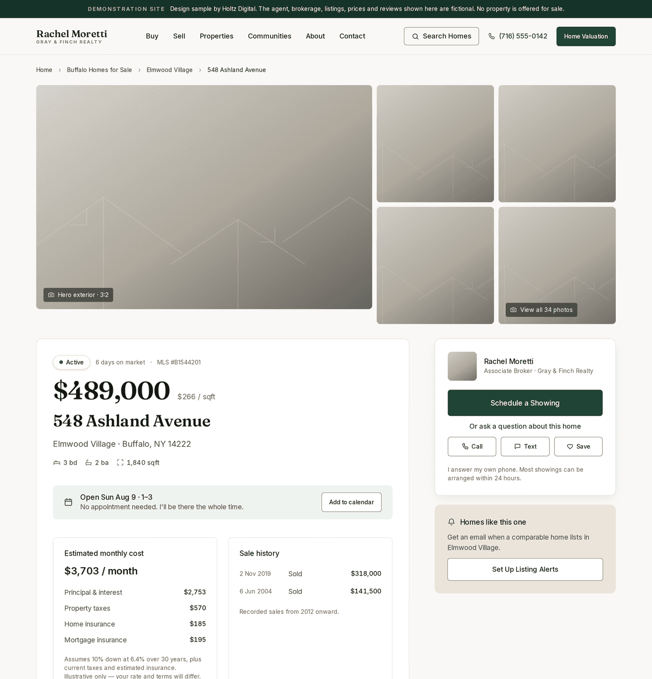 Listing detail page with price, specs, open house, estimated monthly cost and sale history