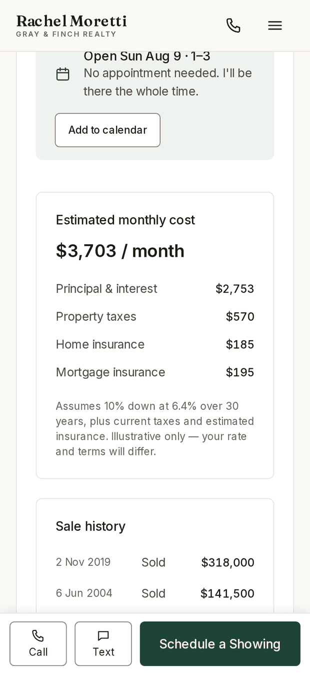 The same listing on a phone, with the sticky call, text and schedule bar fixed to the bottom