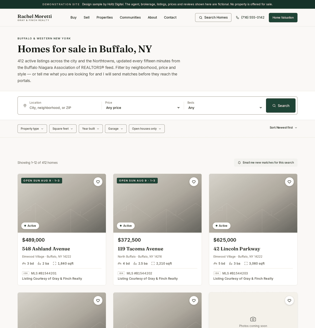 Property search results grid with filters and listing cards